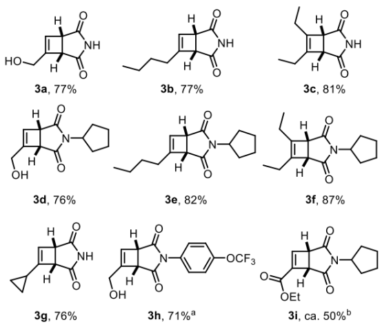 Figure 1 連續(xù)環(huán)丁烯合成的底物范圍；使用20mol%的噻噸酮； b 對(duì)二氧化硅不穩(wěn)定。